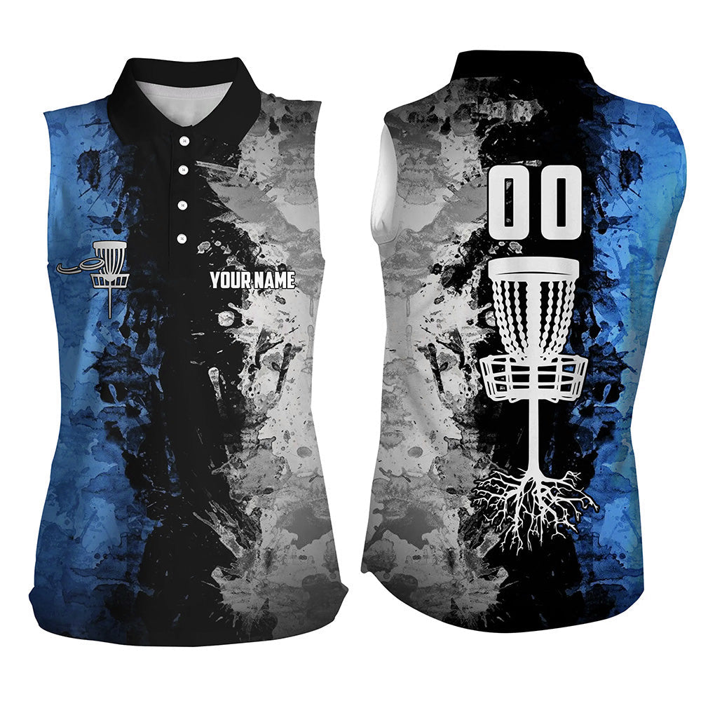 Custom name and number Disc Golf basket Women sleeveless polo shirt, sleeveless golf tops | Blue NQS6470