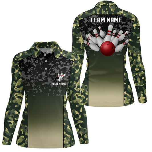 Green camo bowling polo shirts for women custom team shirts bowling jerseys, gifts for bowlers NQS6939