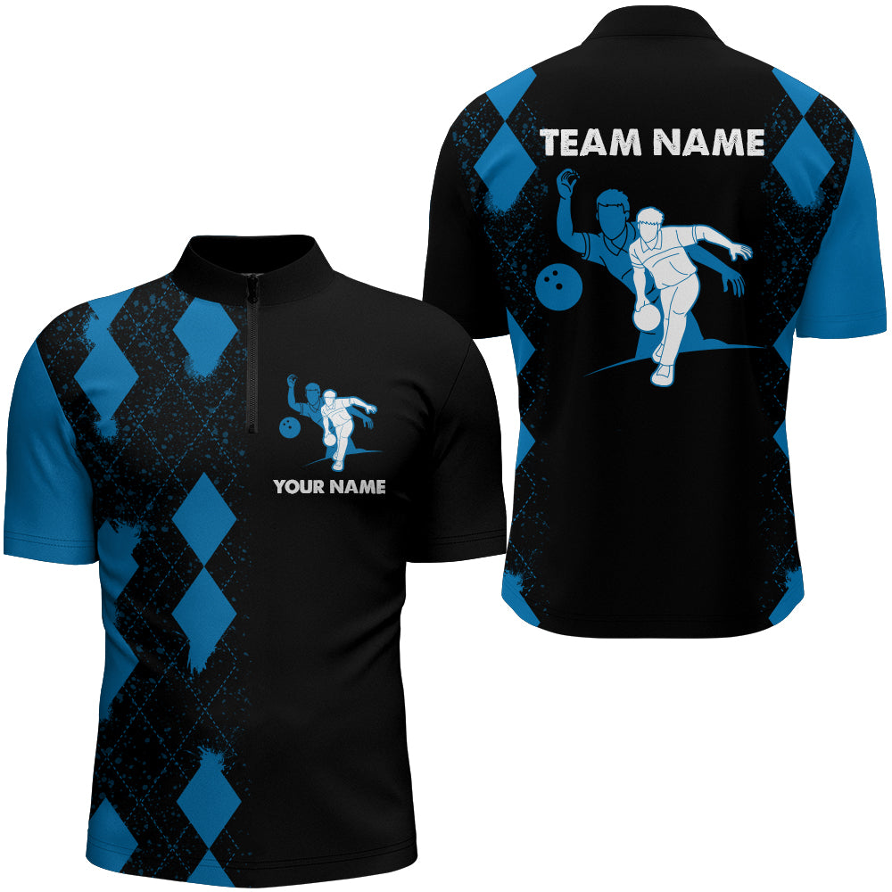 Personalized Bowling Shirt for Men Quarter-Zip, Custom Name Men Blue&Black Team Bowling Shirt NBZ161