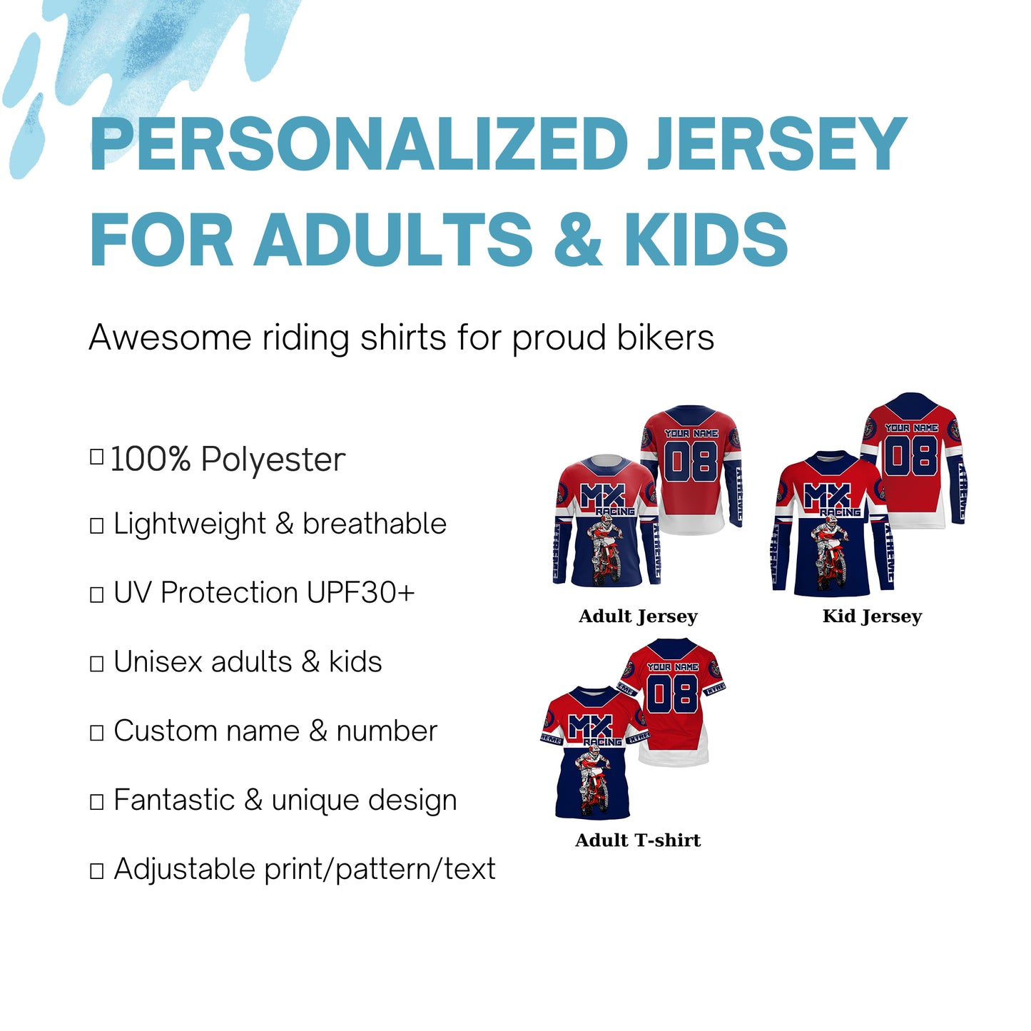 Men women youth dirt bike racing jersey UPF30+ blue red Motocross custom off-road extreme shirt PDT208