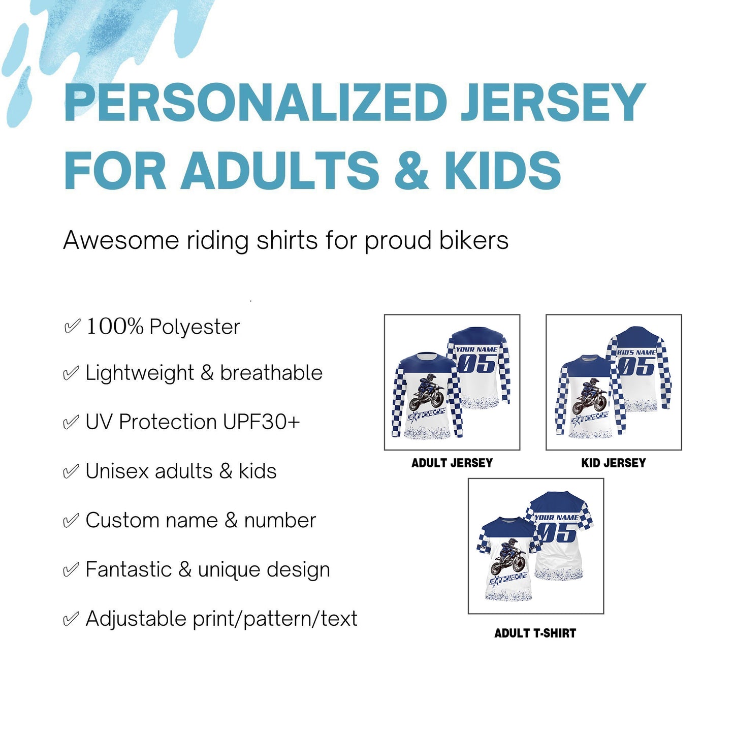 Blue dirt bike racing jersey Motocross custom offroad MX UPF30+ youth men women riding motorcycle PDT124