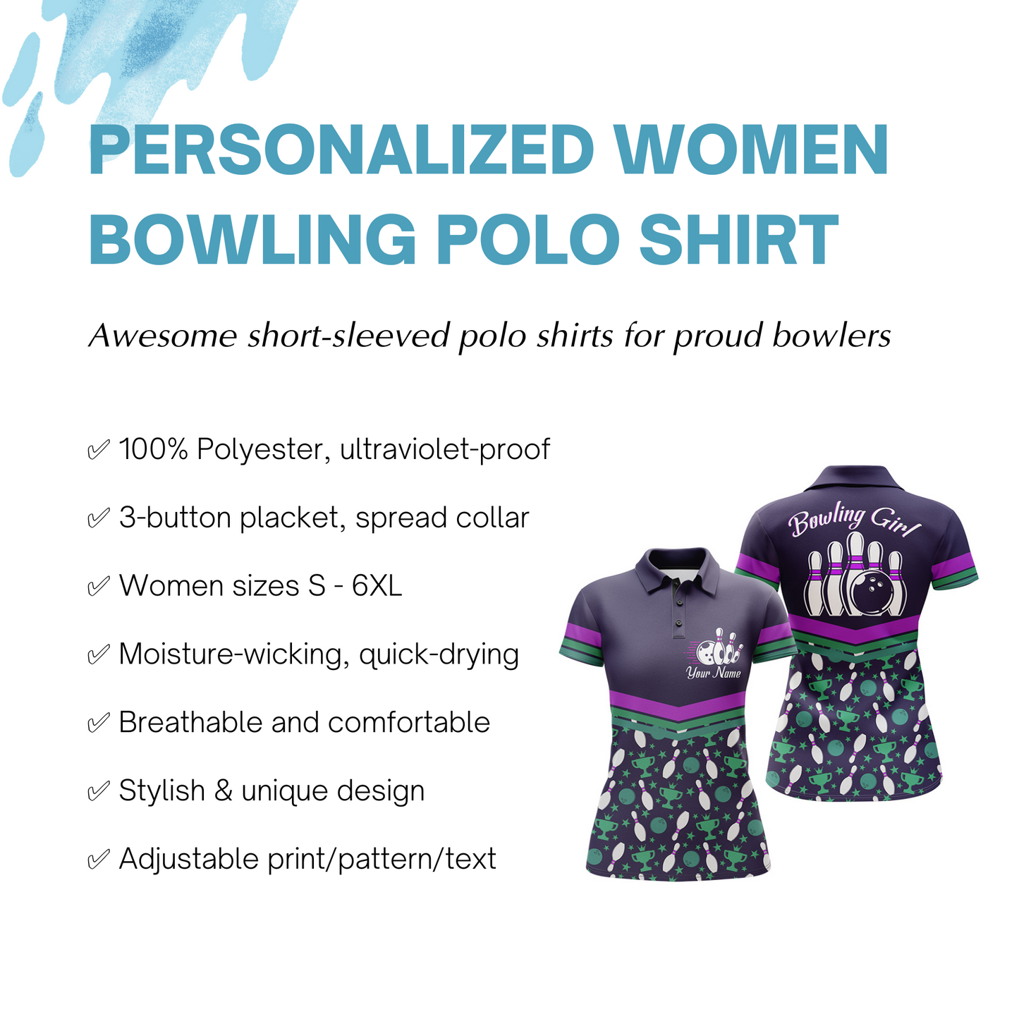 Women Polo Bowling Shirt Personalized, Bowling Girl Purple Bowlers Jersey Short Sleeves NBP34