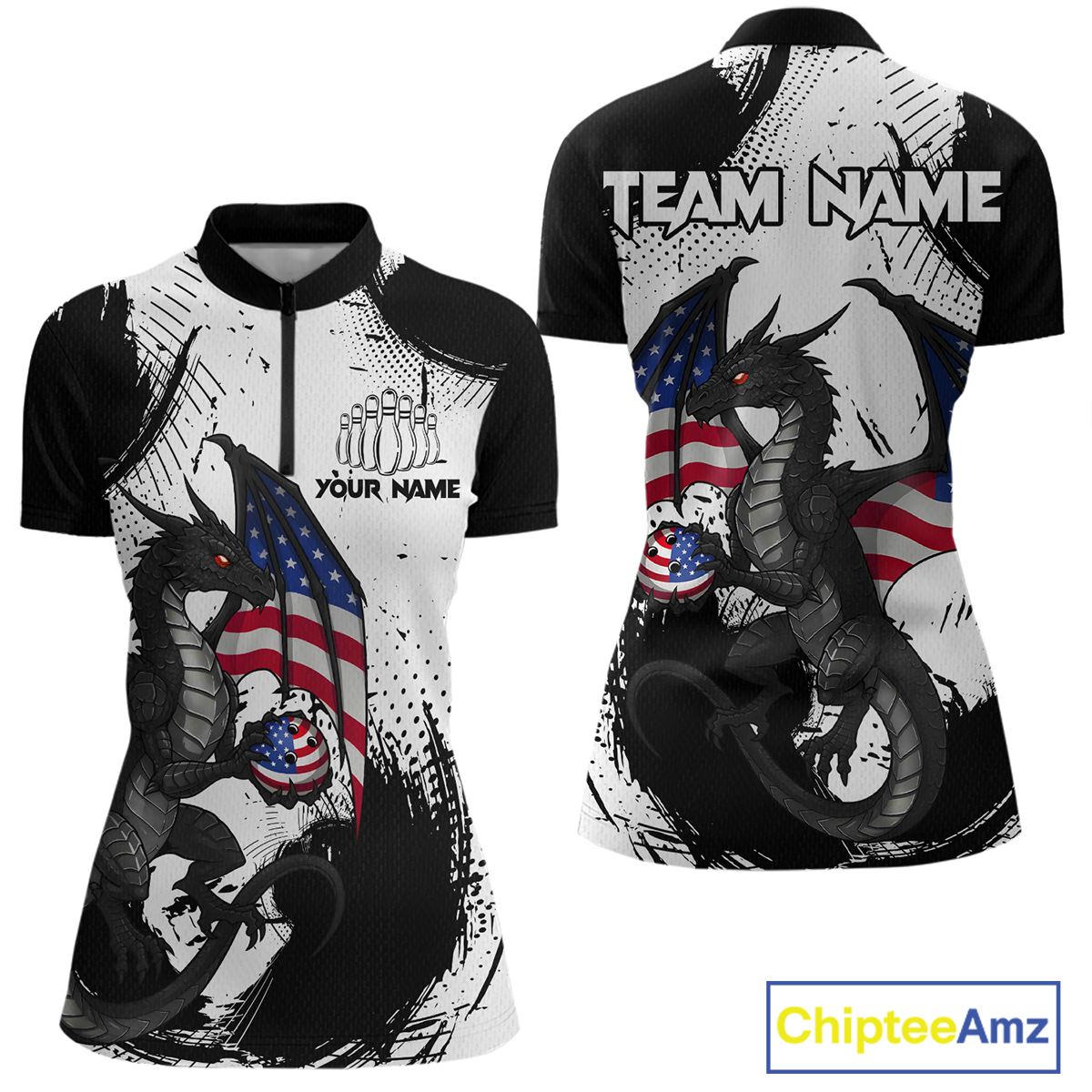 Black & White Quarter-Zip Bowling Team Jersey Custom American Dragon Bowling Shirt Unisex QZT687