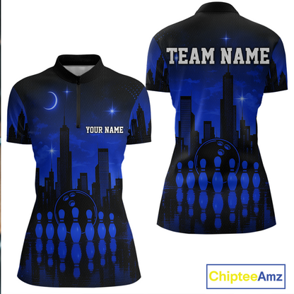 Blue Bowling Custom Women Bowling Shirt Polo & Quarter-Zip Bowling Team Jerseys HNT66