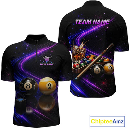 Black short-sleeve quarter-zip polo shirt shown from front and back with a galaxy pool-themed print. The front features a purple and blue cosmic swirl design with billiard balls and placeholder text reading 'YOUR NAME'.