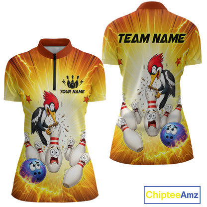 Bowling-themed sports jersey with cartoon characters and 'Team Name' text on a yellow background.