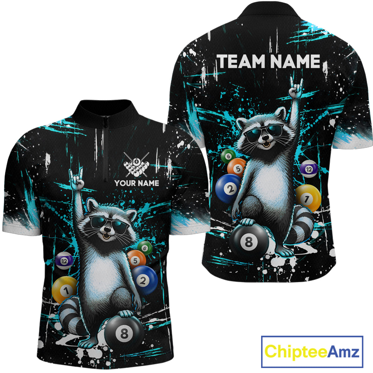 Custom Turquoise Funny Raccoon Billiard Shirt for Men 8 Ball Pool Billiard Jersey Polo & 1/4-Zip BHT5