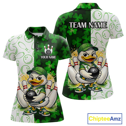 Custom Green Funny Duck Bowling Shirt for Women Lucky Clover St Patrick Day Bowling League QZT861