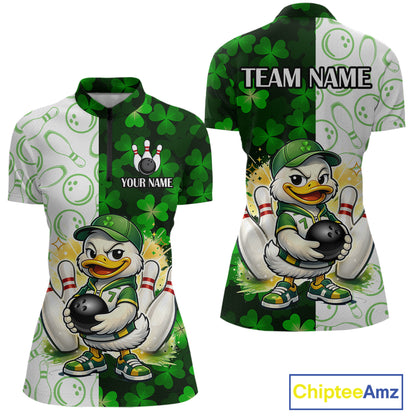 Custom Green Funny Duck Bowling Shirt for Women Lucky Clover St Patrick Day Bowling League QZT861