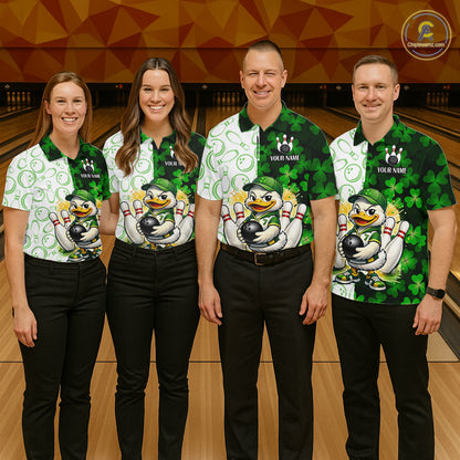 Custom Green Funny Duck Bowling Team Shirt for Men Lucky Clover St Patrick Day Bowling League Outfit QZT861
