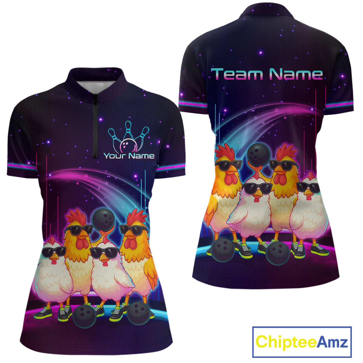 Neon Funny Family of Four Chicken Bowling Team Shirt for Women Bowling League Jersey QZT787
