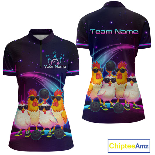 Neon Funny Family of Four Chicken Bowling Team Shirt for Women Bowling League Jersey QZT787