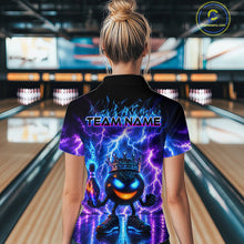 Load image into Gallery viewer, Person wearing a colorful bowling shirt with a team name design in a bowling alley.