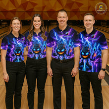 Load image into Gallery viewer, Four people wearing colorful bowling shirts with a bowling alley in the background