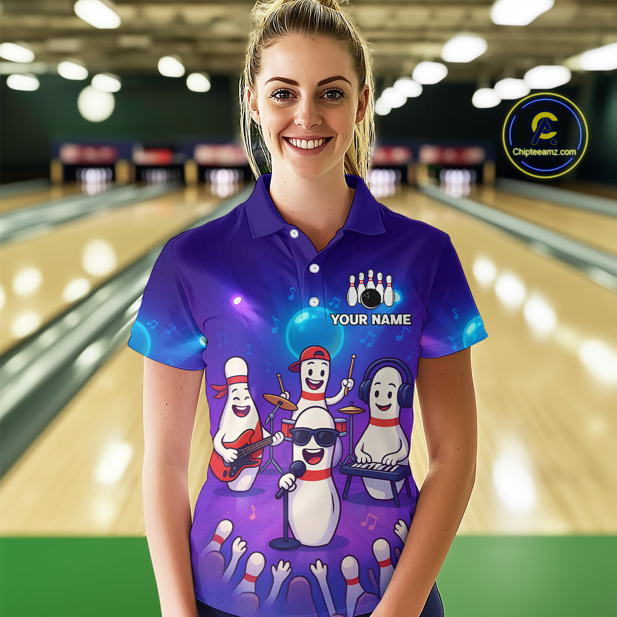 Custom Funny Bowling Pins Music Shirt Neon Bowling Jersey for Women Polo & 1/4 Zip Bowling Outfit QZT788