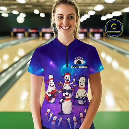 Custom Funny Bowling Pins Music Shirt Neon Bowling Jersey for Women Polo & 1/4 Zip Bowling Outfit QZT788
