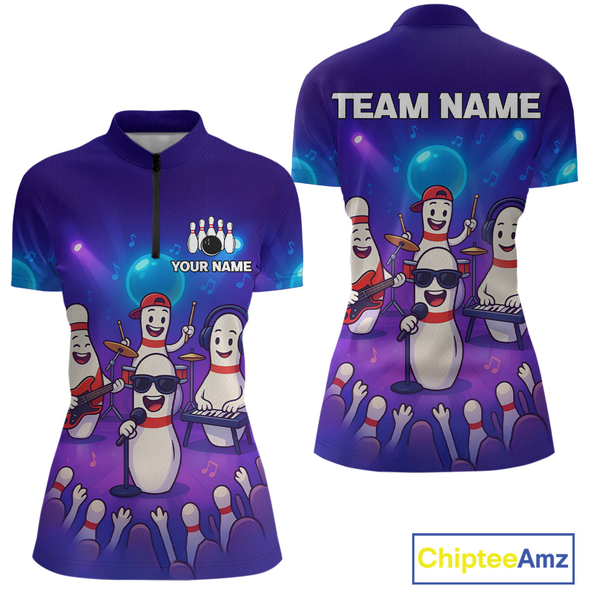 Custom Funny Bowling Pins Music Shirt Neon Bowling Jersey for Women Polo & 1/4 Zip Bowling Outfit QZT788
