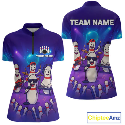 Custom Funny Bowling Pins Music Shirt Neon Bowling Jersey for Women Polo & 1/4 Zip Bowling Outfit QZT788