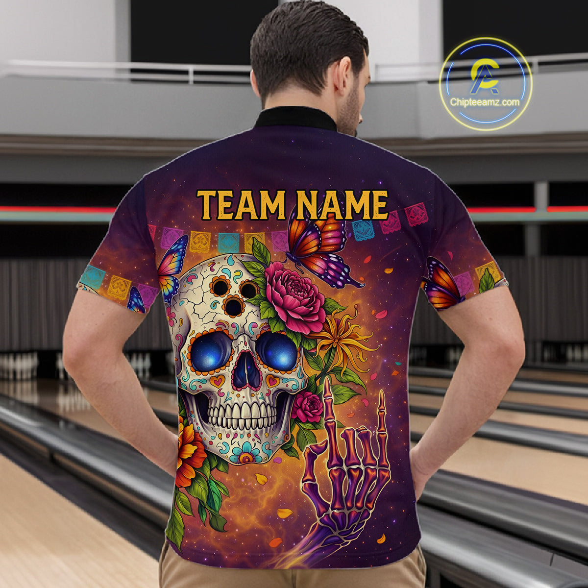 Custom Funny Sugar Skull Bowling Shirt for Men Bowling Team Jersey Polo & Quarter-Zip Bowling Outfit  QZT909