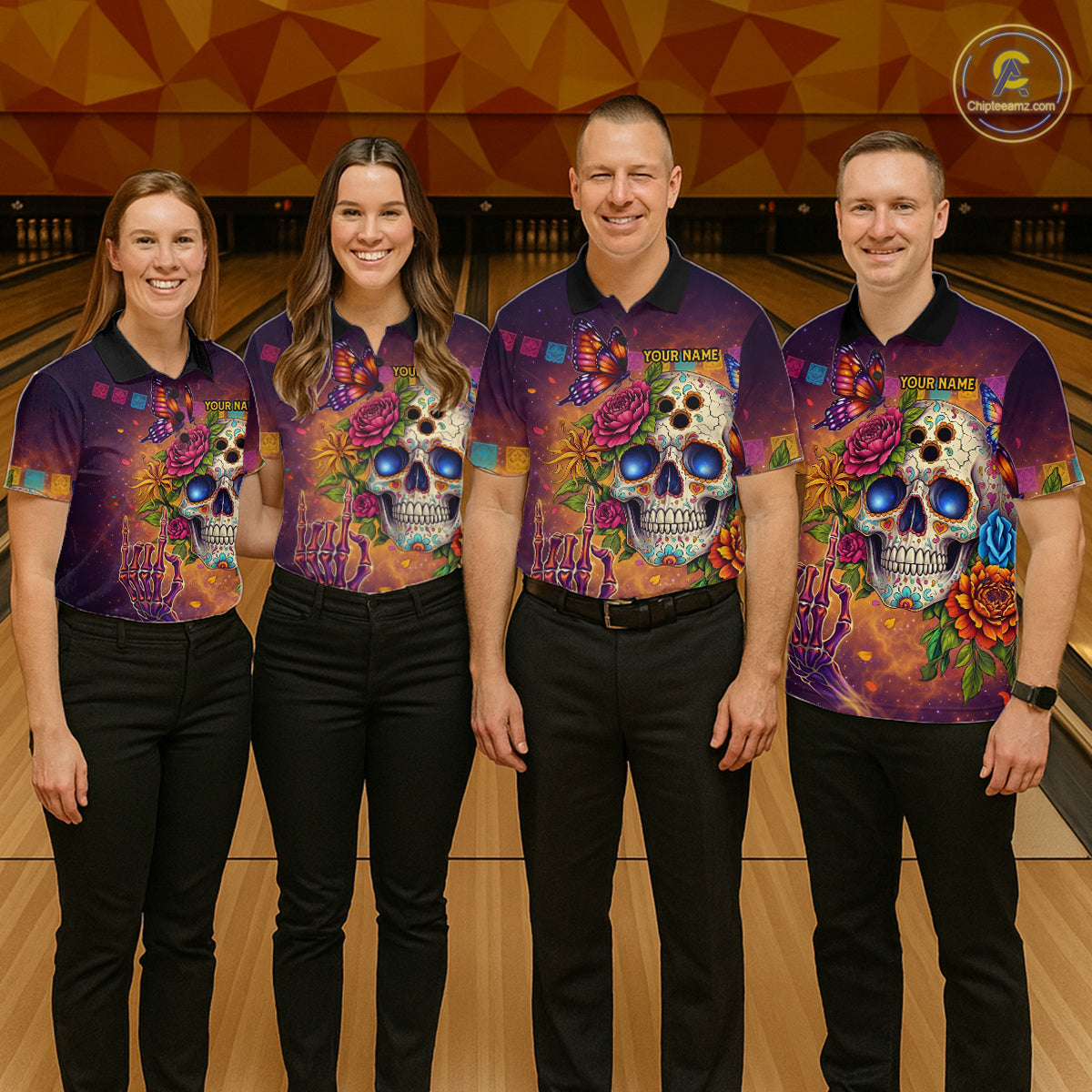 Custom Funny Sugar Skull Bowling Shirt for Men Bowling Team Jersey Polo & Quarter-Zip Bowling Outfit  QZT909