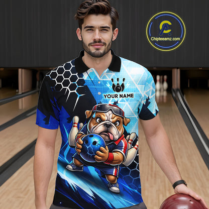 Funny Bulldog Bowling Team Shirt Custom Polo & 1/4 Zip Bowling Jersey for Men Blue Bowling Unisex  QZT911