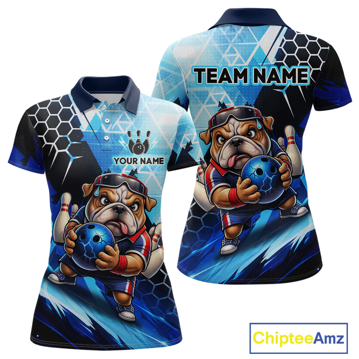 Funny Bulldog Bowling Team Shirt Custom Polo & 1/4 Zip Bowling Jersey for Women Blue Bowling Unisex QZT911