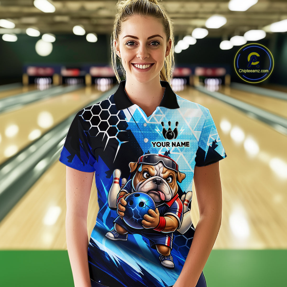 Funny Bulldog Bowling Team Shirt Custom Polo & 1/4 Zip Bowling Jersey for Women Blue Bowling Unisex QZT911