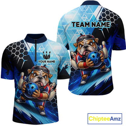 Funny Bulldog Bowling Team Shirt Custom Polo & 1/4 Zip Bowling Jersey for Men Blue Bowling Unisex  QZT911