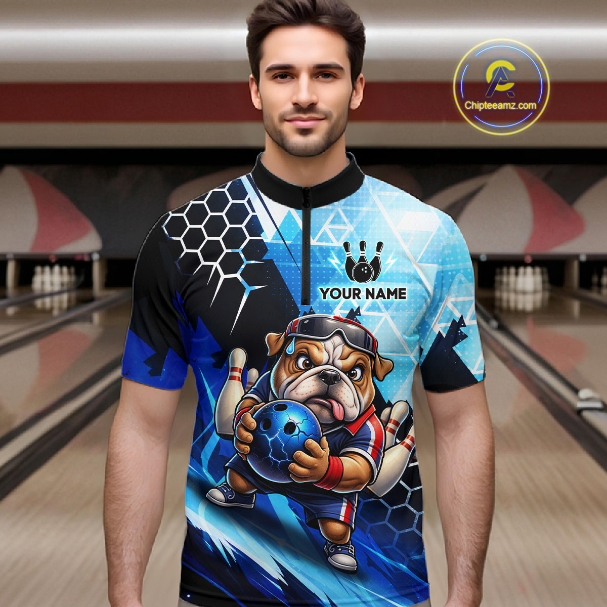 Funny Bulldog Bowling Team Shirt Custom Polo & 1/4 Zip Bowling Jersey for Men Blue Bowling Unisex  QZT911