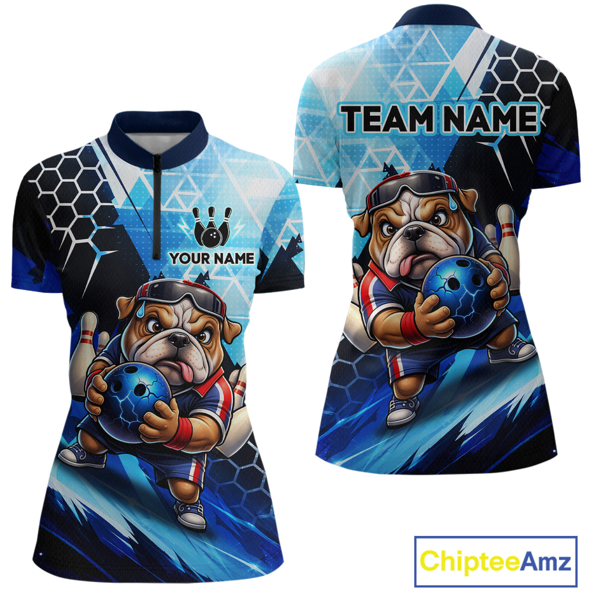 Funny Bulldog Bowling Team Shirt Custom Polo & 1/4 Zip Bowling Jersey for Women Blue Bowling Unisex QZT911