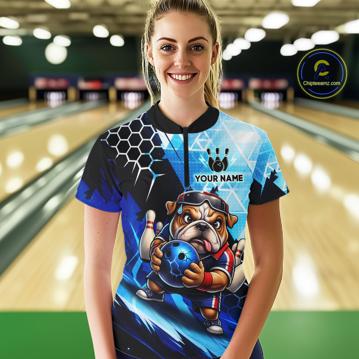 Funny Bulldog Bowling Team Shirt Custom Polo & 1/4 Zip Bowling Jersey for Women Blue Bowling Unisex QZT911