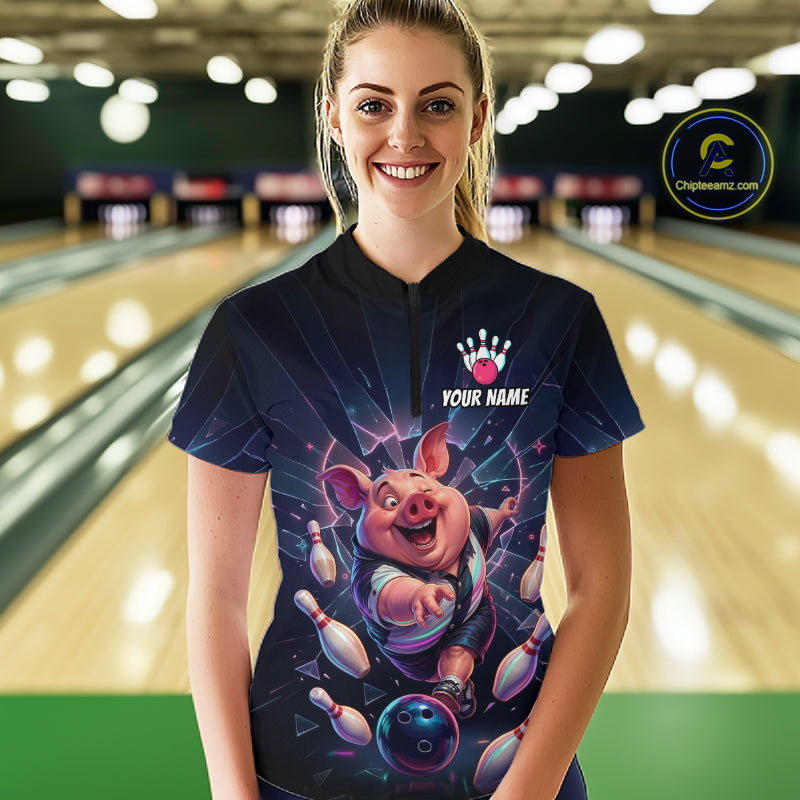 Custom Funny Pig Bowling Shirt for Women Neon Shattered Glass Bowling Team Jersey QZT1210