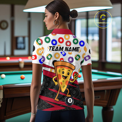 Person wearing a colorful shirt with a pizza design and 'Team Name' text in a pool hall.