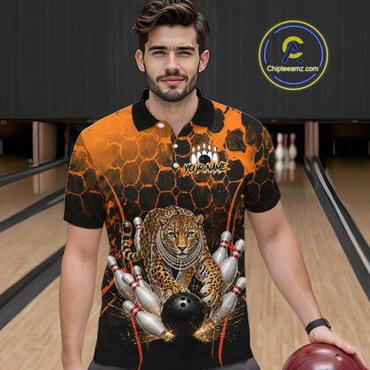 Orange Diomond Leopard Bowling Shirt for Men Custom Bowling Jersey Polo & Quarter-Zip QZT1028