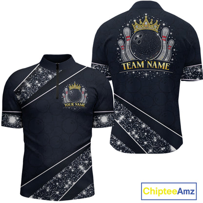 Custom Navy Bowling Shirts with Rhinestones for Men King Bowling Polo & Quarter-Zip Bowling Outfit QZT922