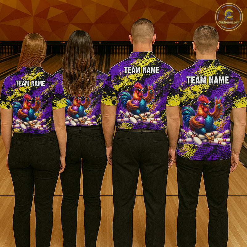 Purple & Yellow Chicken Bowling Shirt for Men Custom Bowling Jersey Rooster Polo & 1/4-Zip QZT1034