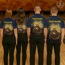 Load image into Gallery viewer, Bowling team wearing custom black &amp; gold funny bee bowling shirts, group back view mockup with team name design.