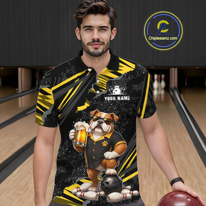 A man wearing a custom bowling-themed polo shirt with a cartoon bulldog graphic holding a beer mug and bowling pins, set against a bowling alley background. 