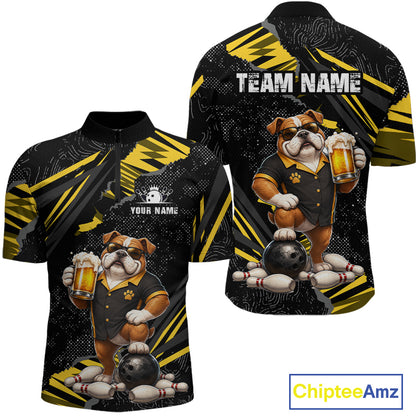 Custom short-sleeve quarter-zip jerseys shown from the front and back, featuring a bulldog mascot graphic holding beer mugs and a bowling ball, with black and yellow graphic patterns and customizable text areas.