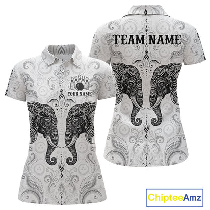 Custom black & white tribal elephant  bowling polo shirt, front and back views, bowling league jersey for women