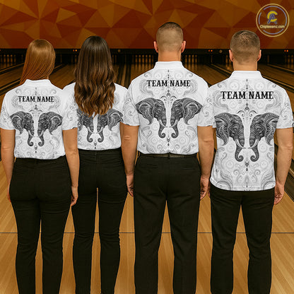 Bowling team wearing custom black & white tribal elephant bowling shirts, group back view mockup, personalized team jerseys.