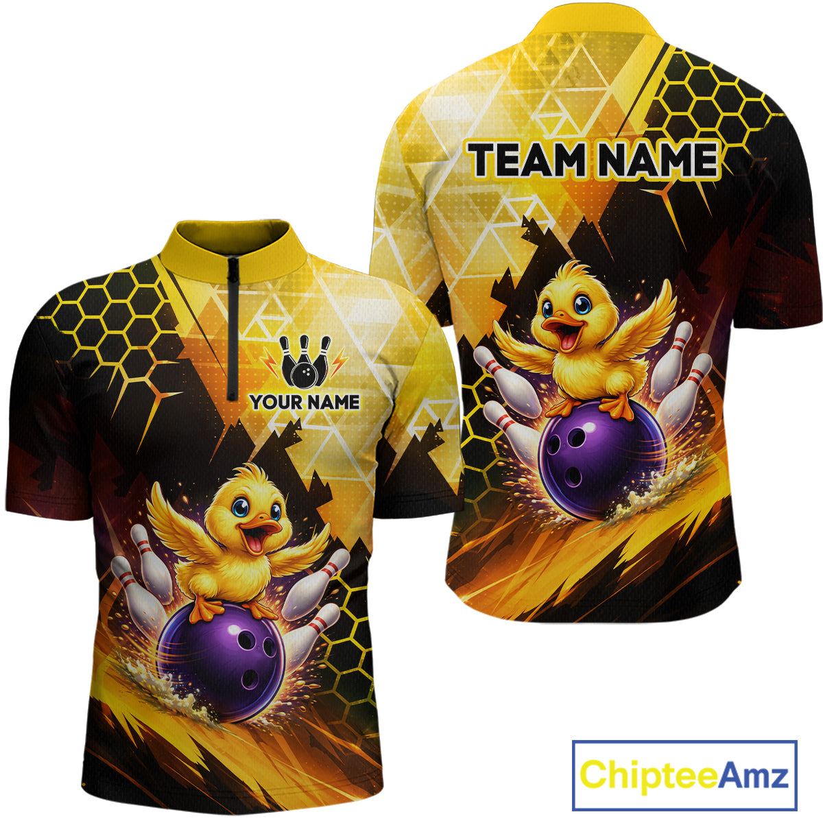 Custom Funny Duck Bowling Team Shirt for Men Yellow Bowling League Jersey Polo & 1/4 Bowling Outfit  QZT958