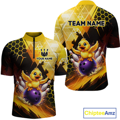 Custom Funny Duck Bowling Team Shirt for Men Yellow Bowling League Jersey Polo & 1/4 Bowling Outfit  QZT958