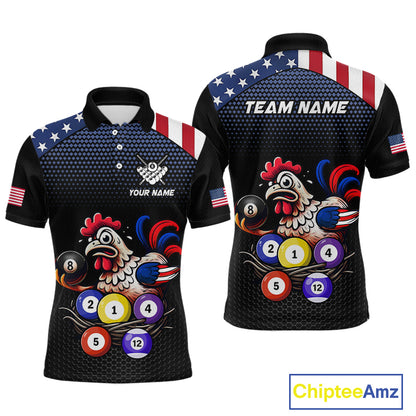 Custom Funny American Flag Chicken Billiard Shirt for Men Billiard Jersey Polo & Quarter-Zip Pool Shirt BHT28