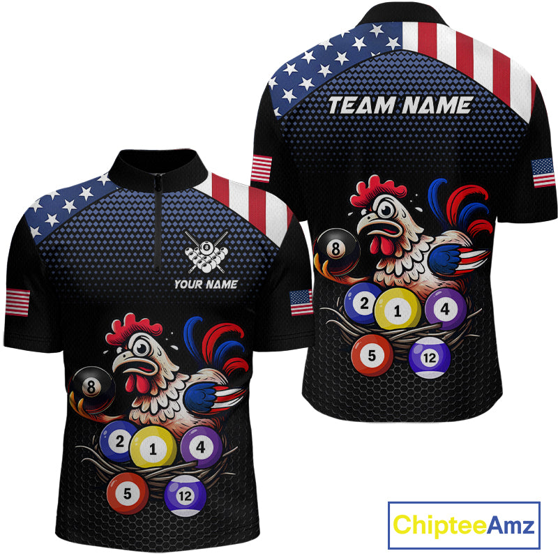 Custom Funny American Flag Chicken Billiard Shirt for Men Billiard Jersey Polo & Quarter-Zip Pool Shirt BHT28