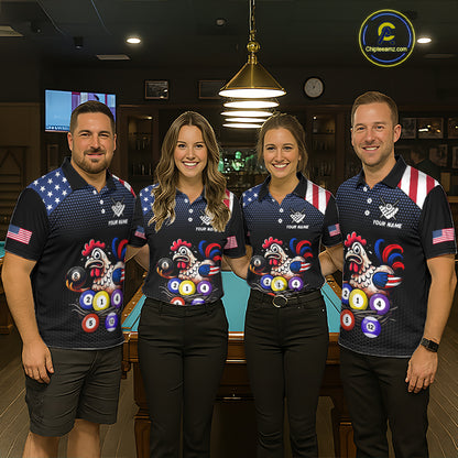 Custom Funny American Flag Chicken Billiard Shirt for Women Billiard Jersey Polo & Quarter-Zip Pool Shirt BHT28