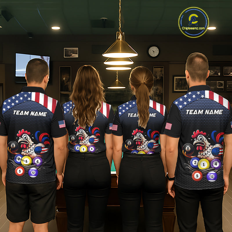 Custom Funny American Flag Chicken Billiard Shirt for Women Billiard Jersey Polo & Quarter-Zip Pool Shirt BHT28