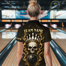 Load image into Gallery viewer, Man wearing custom black &amp; gold skull crown bowling polo shirt, back view mockup, personalized bowling league jersey.