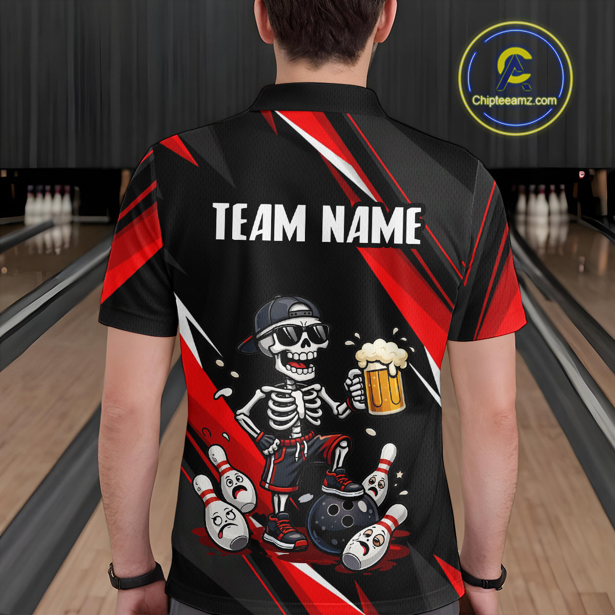 Funny Skeleton & Beer Bowling Shirt Custom Red Bowling Jersey Polo & 1/4 Zip Outfit for Men QZT830