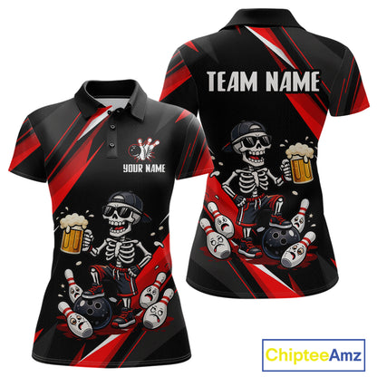 Funny Skeleton & Beer Bowling Shirt Custom Red Bowling Jersey Polo & 1/4 Zip Outfit for Women QZT830